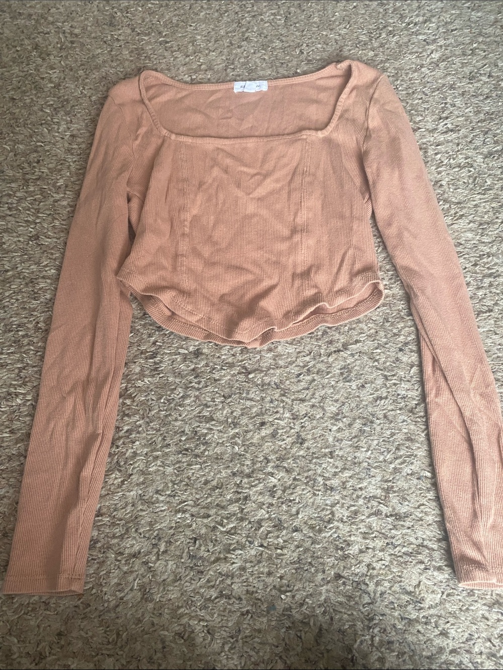 Square Neck Ribbed Long Sleeve Cropped Top in Peach